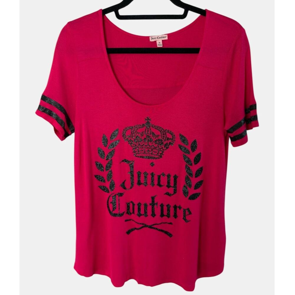 Juicy Couture Fuchsia Pink Glitter Crown Logo Tee Y2K Size M BNWOT